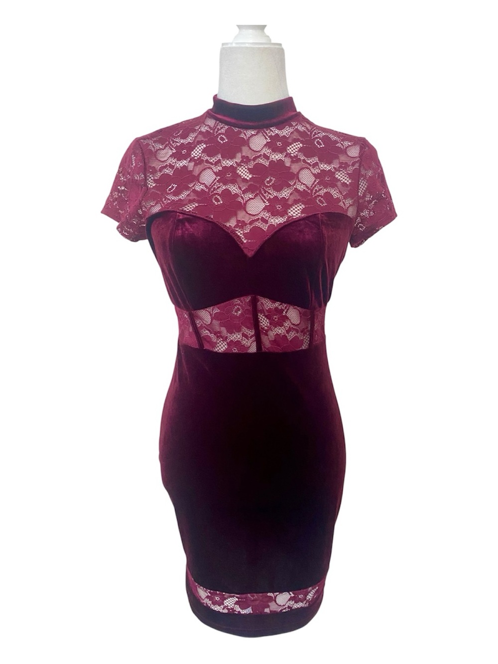 Privy Burgundy Velvet Lace Corset Bodycon Mini Dress M